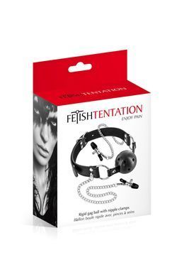 Повітропроникний кляп із затискачами для сосків Fetish Tentation Rigid Gag Ball with Nipple Clamps &mdash; купити в інтим-бутику EroticToys