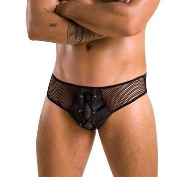 Чоловічі труси зі шнурівкою Passion 035 SLIP RICHARD L/XL Black, екошкіра, сітка &mdash; купити в інтим-бутику EroticToys