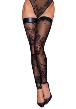 Панчохи без миска Noir Handmade F243 Tulle stockings with patterned flock embroidery, 3XL &mdash; купити в інтим-бутику EroticToys