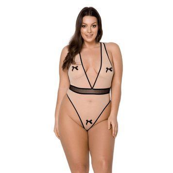 Боді Passion VIENA BODY 4XL/5XL, beige, контрастне, бантики, вставка-сітка, відкриті сідниці &mdash; купити в інтим-бутику EroticToys