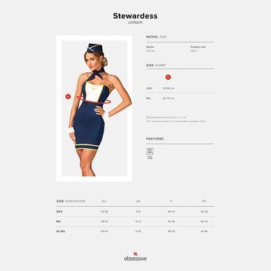 Еротичний костюм стюардеси Obsessive Stewardess uniform M/L, blue, сукня, пілотка, шарф, манжети &mdash; купити в інтим-бутику EroticToys