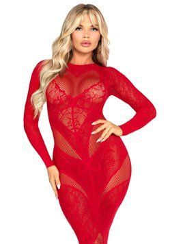 Сукня Leg Avenue Lace and Net Bodycon Gown One Size, Red &mdash; купити в інтим-бутику EroticToys