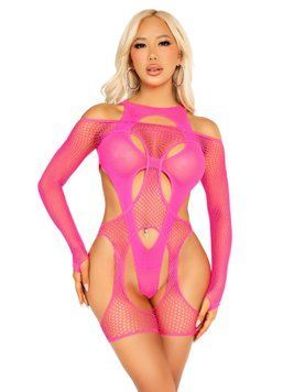 Бодістокінг Leg Avenue Fishnet Garter Harness and Teddy One Size Neon Pink &mdash; купити в інтим-бутику EroticToys