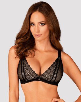 Мереживний бюстгальтер із трикутною чашкою Obsessive Estiqua bra M/L, чорний, широкі лямки &mdash; купити в інтим-бутику EroticToys