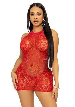 Сукня-сітка зі стразами Leg Avenue Rhinestone halter mini dress Red, відкрита спина, one size &mdash; купити в інтим-бутику EroticToys