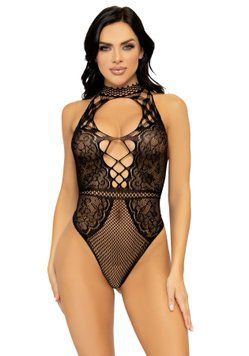 Leg Avenue Net and lace halter bodysuit OS Black &mdash; купити в інтим-бутику EroticToys