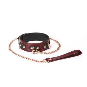 Шкіряний нашийник з повідцем Liebe Seele Wine Red Collar and Leash, 3 кільця для кріплення &mdash; купити в інтим-бутику EroticToys