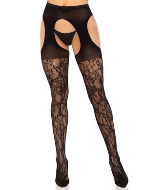 Стрип-колготки Leg Avenue Eyelet lace suspender hose, One Size, чорні, ажурні, з відкритим доступом &mdash; купити в інтим-бутику EroticToys