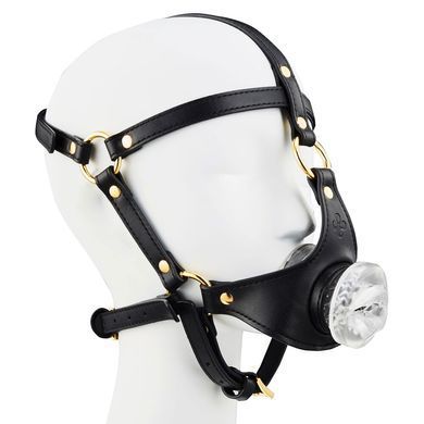 Маска-збруя для мінету LOCKINK SEVANDA Blowjob Head Harness, чорна, з м&rsquo;якою вставкою у вигляді губ &mdash; купити в інтим-бутику EroticToys