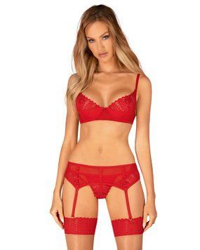 Комплект Obsessive Ingridia 3-pcs set XL/2XL, червоний, бюстгальтер, стрінги, пояс &mdash; купити в інтим-бутику EroticToys