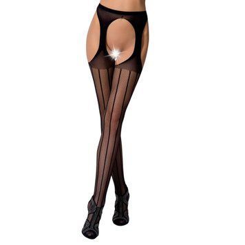 Сітчасті панчохи-стокінги Passion S018 One Size, Black, імітація пояса, сітка з вертикальними смужка &mdash; купити в інтим-бутику EroticToys