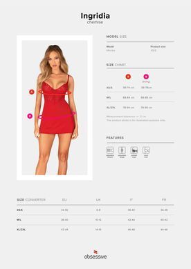 Пеньюар Obsessive Ingridia chemise & thong XS/S, червоний, сорочка, стрінги &mdash; купити в інтим-бутику EroticToys