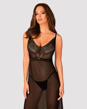 Напівпрозора довга сорочка Obsessive Estiqua chemise XL/2XL, чорний, асиметричний крій &mdash; купити в інтим-бутику EroticToys