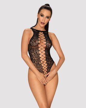 Ажурний бодістокінг із ефектом шнурівки Obsessive B129 teddy black XL/XXL, чорний, з доступом &mdash; купити в інтим-бутику EroticToys