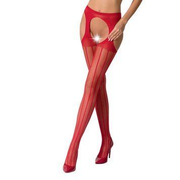 Сітчасті панчохи-стокінги Passion S018 One Size, Red, імітація пояса, сітка з вертикальними смужками &mdash; купити в інтим-бутику EroticToys