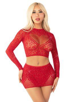Комплект Leg Avenue Rhinestone Crop Top and Mini Skirt One Size, Red &mdash; купити в інтим-бутику EroticToys
