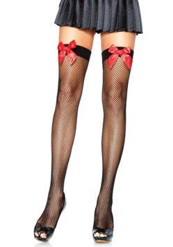 Панчохи-сітка з атласним бантиком Leg Avenue Fishnet Thigh Highs One size, Black, With Bow Red &mdash; купити в інтим-бутику EroticToys