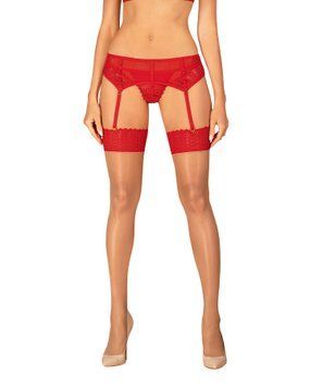 Панчохи Obsessive Ingridia stockings XS/S, бежеві з червоною резинкою &mdash; купити в інтим-бутику EroticToys