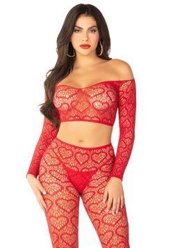 Комплект Leg Avenue Off The Shoulder Top and Footless Tights One Size, Red &mdash; купити в інтим-бутику EroticToys