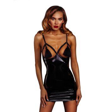 Лакова сукня з пензликами D&A, XS-S, black, обтисла, відкриті груди &mdash; купити в інтим-бутику EroticToys