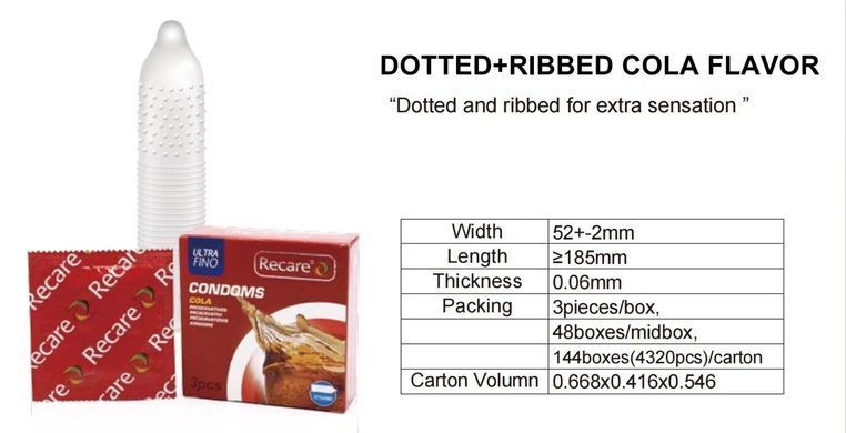 Презервативи Recare Cola Dotted&Ribbed Condoms 3 шт, з пухирцями та ребрами, аромат: Кола &mdash; купити в інтим-бутику EroticToys