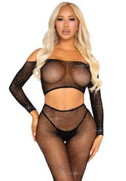 Комплект Leg Avenue Rhinestone Fishnet Crop Top and Legging One Size Black &mdash; купити в інтим-бутику EroticToys