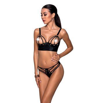 Комплект з екошкіри з люверсами та ремінцями Passion MALWIA BIKINI L/XL, black, бра та трусики &mdash; купити в інтим-бутику EroticToys