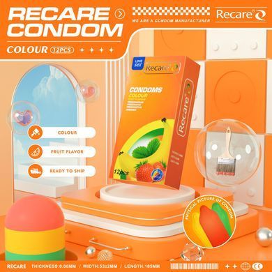 Презервативи Recare Color Fruit Flavour Condoms 12 шт, аромати: м'ята, банан, полуниця &mdash; купити в інтим-бутику EroticToys