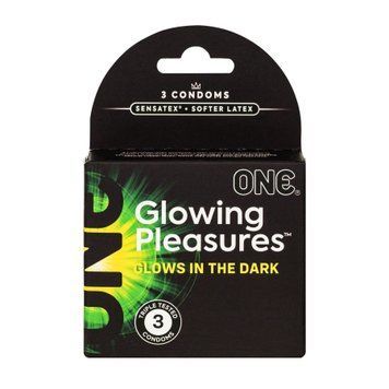 Презервативи ONE Glowing Pleasures, 3 шт, світяться в темряві, зі змазкою, картонне паковання &mdash; купити в інтим-бутику EroticToys