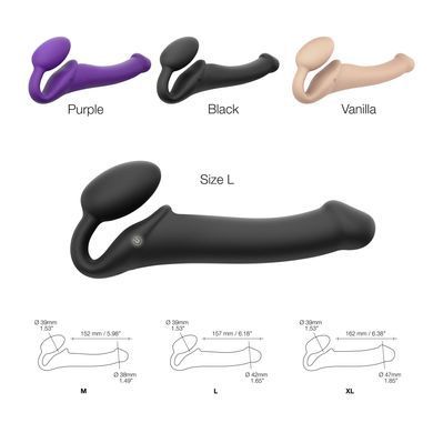 Безремінний страпон з вібрацією Strap-On-Me Vibrating Black L, діаметр 3,7см, пульт ДК, регульований &mdash; купити в інтим-бутику EroticToys
