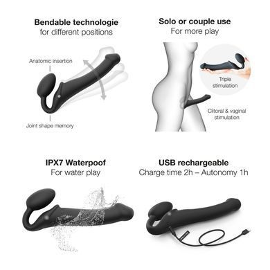 Безремінний страпон з вібрацією Strap-On-Me Vibrating Black L, діаметр 3,7см, пульт ДК, регульований &mdash; купити в інтим-бутику EroticToys
