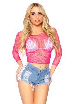 Сітчастий топ Leg Avenue Long Sleeves T-Shirts Neon Pink, One Size &mdash; купити в інтим-бутику EroticToys