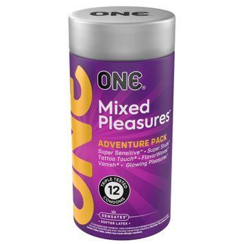Презервативи ONE Mixed Pleasures, 12 шт, 6 видів, подарункове паковання-тубус &mdash; купити в інтим-бутику EroticToys