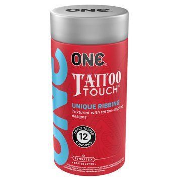 Презервативи ONE Tattoo Touch, 12 шт, рельєф у вигляді тату, 3 різновиди, подарункове паковання-тубус &mdash; купити в інтим-бутику EroticToys