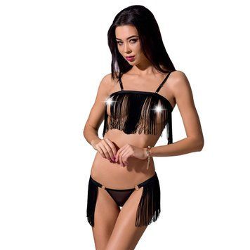 Комплект білизни Passion Exclusive KASSANDRA SET OpenBra S/M black, ліф з бахроми, трусики-спідниця &mdash; купити в інтим-бутику EroticToys