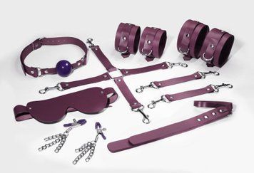 Набір Feral Feelings BDSM Kit 7 Burgundy, наручники, поножі, конектор, маска, падл, кляп, затискачі &mdash; купити в інтим-бутику EroticToys