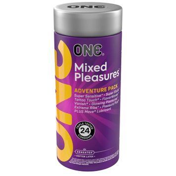 Презервативи ONE Mixed Pleasures, 24 шт, 8 видів, лубрикант у комплекті, подарункове паковання-тубус &mdash; купити в інтим-бутику EroticToys