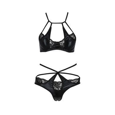 Комплект белья Passion Exclusive NAVEL SET L/XL, black, трусики и лиф с элементами под латекс &mdash; купити в інтим-бутику EroticToys