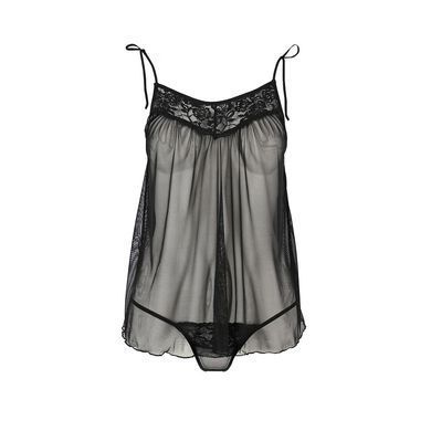 Сорочка прозора бебі-дол Passion MELANIA CHEMISE L/XL, black, трусики, на тонких бретелях &mdash; купити в інтим-бутику EroticToys