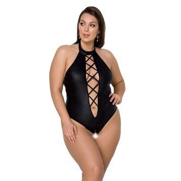Боді з екошкіри Passion NANCY BODY 6XL/7XL black, з імітацією шнурівки та відкритим доступом &mdash; купити в інтим-бутику EroticToys