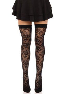 Панчохи Leg Avenue Wild rose net thigh highs, One Size, чорні, широка резинка, малюнок-троянди &mdash; купити в інтим-бутику EroticToys