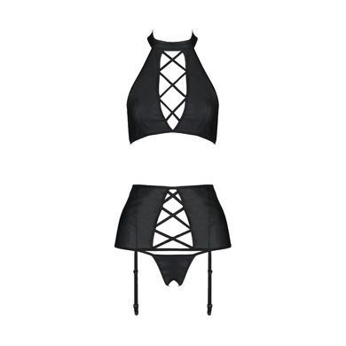 Комплект із екошкіри Passion NANCY SET 6XL/7XL black, імітація шнурівки, топ, пояс для панчіх &mdash; купити в інтим-бутику EroticToys